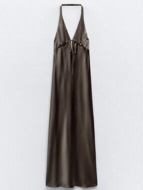 Zara Tie Front Halter Satin Maxi Dress Open Back Olive Green Small S